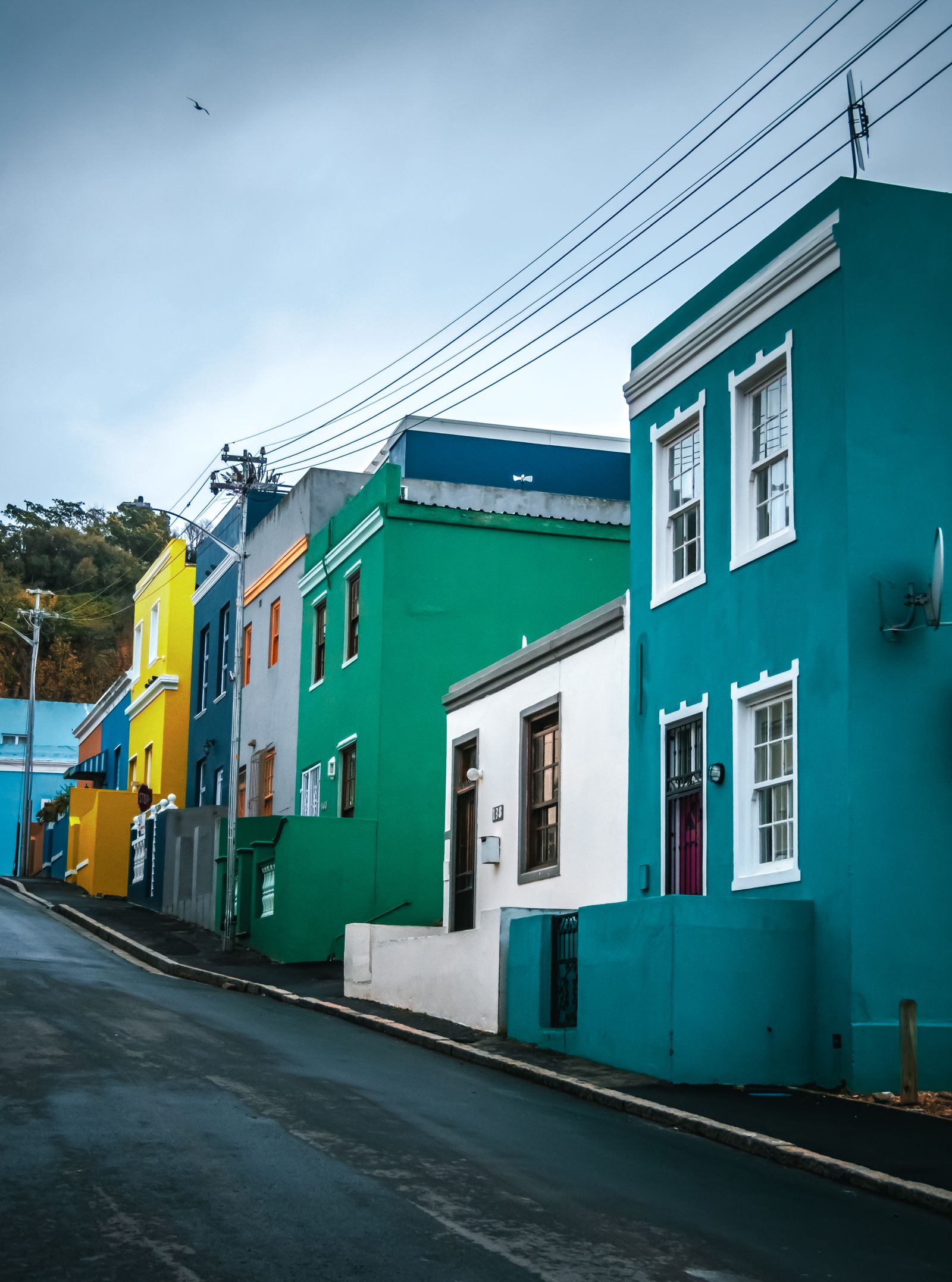 Maisons colorées alignées dans une rue du Bo-Kaap, au Cap (Afrique du Sud)